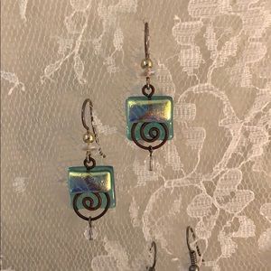 Teal, glass and copper earrings